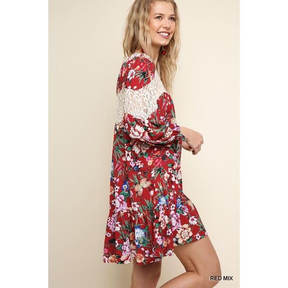 Umgee Dresses & Skirts - Umgee Dress Floral Print Puff Sleeve Lace Medium
